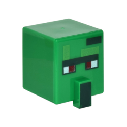 Minifigure, Head, Modified Cube Tall with Raised Rectangle with Pixelated Dark Green Unibrow, Dark Red Eyes, and Dark Green Nose Pattern (Minecraft Zombie Villager)