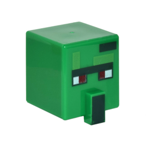 Деталь LEGO 23766pb003 Minifigure, Head, Modified Cube Tall with Raised Rectangle with Pixelated Dark Green Unibrow, Dark Red Eyes, and Dark Green Nose Pattern (Minecraft Zombie Villager)