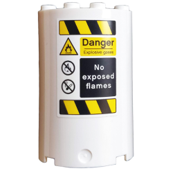 Cylinder Half 2 x 4 x 5 with 1 x 2 Cutout with 'Danger', 'No exposed flames', and Black and Yellow Danger Stripes Pattern (Sticker) - Set 76037 Cylinder Half 2 x 4 x 5 with 1 x 2 Cutout with 'Danger', 'No exposed flames', and Black and Yellow Danger Stripes Pattern (Sticker) - Set 76037