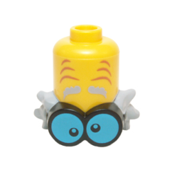 Minifigure, Headgear Extended Head with Eyebrows and Wrinkles, Black and Blue Goggles and Messy Light Bluish Gray Hair Pattern Minifigure, Headgear Extended Head with Eyebrows and Wrinkles, Black and Blue Goggles and Messy Light Bluish Gray Hair Pattern