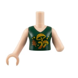 Torso Mini Doll Girl Dark Green Top, Bright Light Orange Mushrooms, Dark Orange Leaf Pattern, Light Nougat Arm Left, Light Nougat Arm with Hand Right