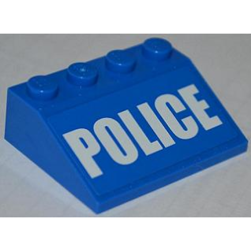 Деталь LEGO 3297pb027 Slope 33 3 x 4 with White 'POLICE' Bold Narrow Font on Blue Background Pattern (Sticker) - Set 4205