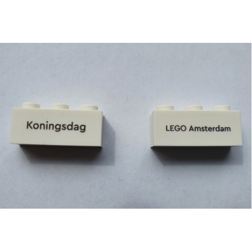Деталь LEGO 3622pb128 Brick 1 x 3 with Black 'Koningsdag' and 'LEGO Amsterdam' Pattern on Both Sides