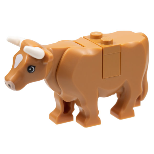 Деталь LEGO 64452pb01c01 Cow with Light Nougat Muzzle and White Spot on Head Pattern with Short Horns (Plate on Top) - Medium Nougat