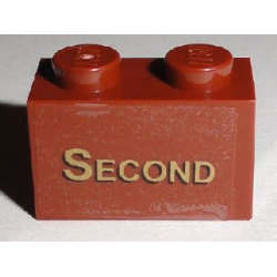 Brick 1 x 2 with Gold 'SECOND' Pattern (Sticker) - Set 10194 Brick 1 x 2 with Gold 'SECOND' Pattern (Sticker) - Set 10194