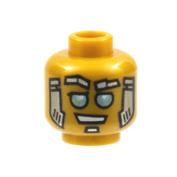 Minifigure, Head Alien Robot with Silver Eyebrows and Soul Patch, Gold Sideburns, and Metallic Light Blue Eyes Pattern