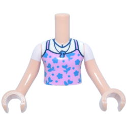 Torso Mini Doll Girl Bright Pink Tank Top with Dark Azure Flowers and Dark Blue Necklace with Music Note over White T-Shirt Pattern, Light Nougat Arms with Hands with White Short Sleeves