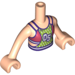 Torso Mini Doll Girl Coral and Lime Soccer Jersey with White Lines and '05 Pattern, Light Nougat Arms with Hands