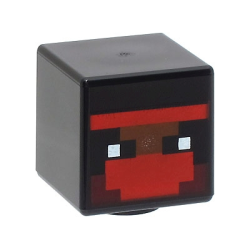 Minifigure, Head, Modified Cube with Pixelated Red and Dark Red Balaclava, and Reddish Brown Face with Eyes Pattern (Minecraft Ninja)