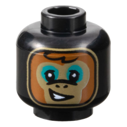 Minifigure, Head Alien Balaclava, Dark Tan and Dark Orange Monkey Face, Dark Turquoise Eye Shadow, Lopsided Open Mouth Smile with Teeth Pattern