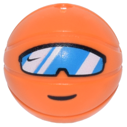 Minifigure, Head, Modified Basketball with Hole on Top with Dark Azure Sports Sunglasses, White Reflections and Black Nike Swoosh Logo and Smile Pattern Minifigure, Head, Modified Basketball with Hole on Top with Dark Azure Sports Sunglasses, White Reflections and Black Nike Swoosh Logo and Smile Pattern