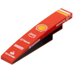 Slope, Curved 6 x 1 with White and Yellow Stripes, Shell Logo, 'aws', 'Palantir', 'PIRELLI', 'Santander' and 'RICHARD MILLE' Logos, Black Panel on Both Sides Pattern Slope, Curved 6 x 1 with White and Yellow Stripes, Shell Logo, 'aws', 'Palantir', 'PIRELLI', 'Santander' and 'RICHARD MILLE' Logos, Black Panel on Both Sides Pattern