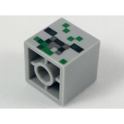 Minifigure, Head, Modified Small Cube with Black, Dark Bluish Gray and Green Pixelated Pattern (Minecraft Baby Zombie Pigman)
