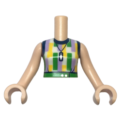 Torso Mini Doll Woman White Sleeveless Top with Dark Blue Trim, Lavender, Yellow and Green Rectangles, Belt and Silver Necklace Pattern, Light Nougat Arms with Hands