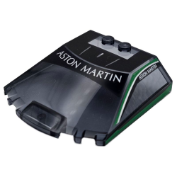 Windscreen 6 x 6 x 1 1/3 Straight Sides with Black Panels, Green Side Window Frames, White 'ASTON MARTIN' and Silver Stripes Pattern Windscreen 6 x 6 x 1 1/3 Straight Sides with Black Panels, Green Side Window Frames, White 'ASTON MARTIN' and Silver Stripes Pattern