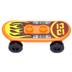 Minifigure, Utensil Skateboard Deck with Yellow Flames and Silver Foot Plates Pattern (Sticker) with Black Wheels (42511pb16 / 2496) - Set 70592