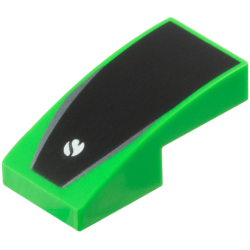 Slope, Curved 2 x 1 x 2/3 with Sauber Formula 1 Logo Partial Capital Letter S on White Circle, Black Trapezoid, Dark Silver Stripes Pattern Slope, Curved 2 x 1 x 2/3 with Sauber Formula 1 Logo Partial Capital Letter S on White Circle, Black Trapezoid, Dark Silver Stripes Pattern