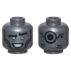 Minifigure, Head Alien Robot Black Eyebrows, Metallic Light Blue Eyes, Open Mouth Smile, and Black Circle and Mechanical Panels on Back Pattern