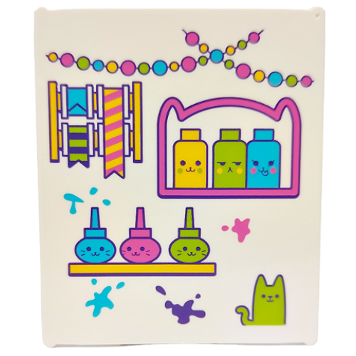 Деталь LEGO 42509pb07 Glass for Window 1 x 6 x 6 Flat Front with Dark Pink, Lime, Medium Azure and Yellow Garlands, Cat, Ribbons, Paint Splotches and Shelves with Bottles Pattern