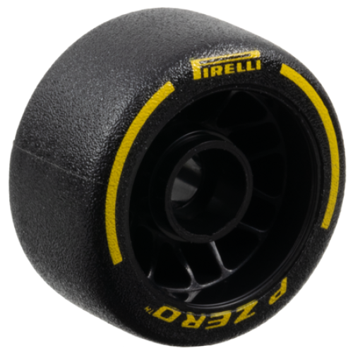 Деталь LEGO 105162pb02 Wheel 24 x 13.4 with Pin Hole with Molded Black Hard Rubber Tire and Printed Yellow 'PIRELLI', 'P ZERO' and Arcs Pattern