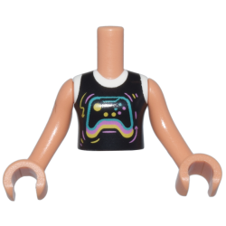 Torso Mini Doll Girl Black and White Shirt with Dark Turquoise, Bright Pink, and Yellow Video Game Controller Pattern, Nougat Arms with Hands