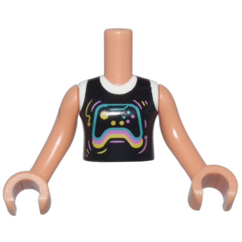 Деталь LEGO FTGpb409c01 Torso Mini Doll Girl Black and White Shirt with Dark Turquoise, Bright Pink, and Yellow Video Game Controller Pattern, Nougat Arms with Hands