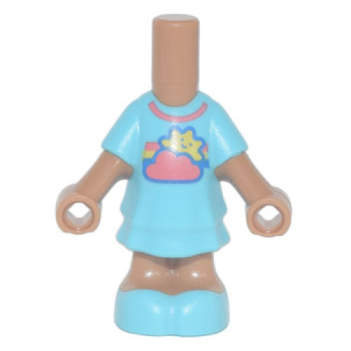 Деталь LEGO 69969pb10 Micro Doll, Body with Molded Medium Azure Short Layered Dress and Shoes and Printed Coral Cloud and Collar, Yellow Sun with Face, and Rainbow Pattern