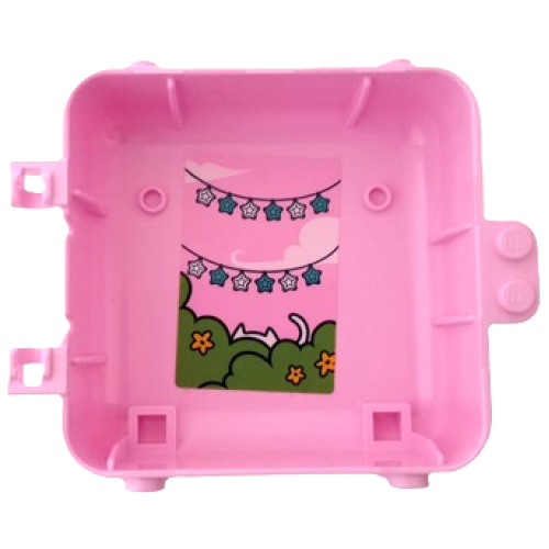 Деталь LEGO 64454pb17 Container, Box 3 x 8 x 6 2/3 Half Back with String of White and Dark Azure Stars, White Cat Hiding Behind Lime Bushes and Flowers Pattern (Sticker) - Set 41665