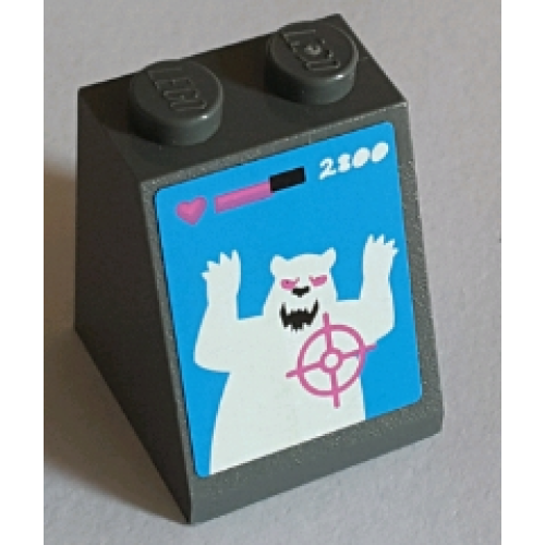 Деталь LEGO 3678bpb112 Slope 65 2 x 2 x 2 with Bottom Tube with '2800' and Dark Pink Crosshairs on White Angry Bear Pattern (Sticker) - Set 71016