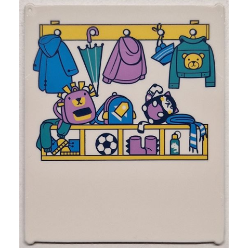 Деталь LEGO 42509pb10 Glass for Window 1 x 6 x 6 Flat Front with Dark Azure, Dark Turquoise, Medium Lavender and Yellow Coats, Jackets, Umbrella, School Bags, Shoes and Soccer Ball Pattern