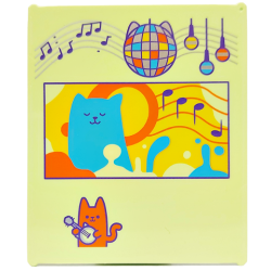 Glass for Window 1 x 6 x 6 Flat Front with Dark Purple Music Notes, Medium Azure, Orange, Silver and Yellow Disco Ball, Lights and Cats Pattern Glass for Window 1 x 6 x 6 Flat Front with Dark Purple Music Notes, Medium Azure, Orange, Silver and Yellow Disco Ball, Lights and Cats Pattern