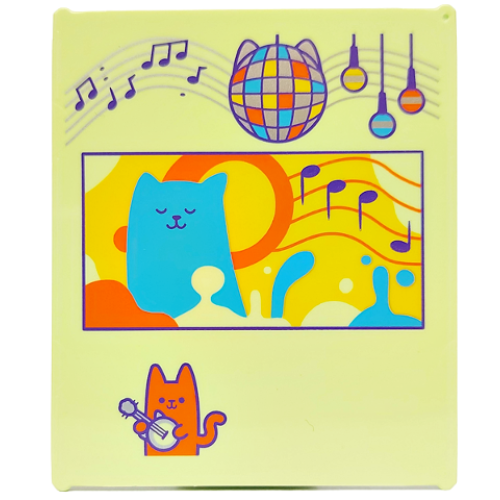 Деталь LEGO 42509pb06 Glass for Window 1 x 6 x 6 Flat Front with Dark Purple Music Notes, Medium Azure, Orange, Silver and Yellow Disco Ball, Lights and Cats Pattern