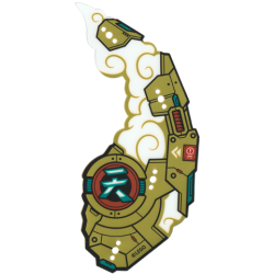 Plastic Part for Set 80045 - Gold Mechanical Panel with Red Circle and Vent, White Clouds, and Dark Turquoise Chinese Logogram, LEGO Copyright on Bottom Right Pattern