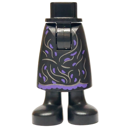 Деталь LEGO 59595c00pb31 Mini Doll Hips and Skirt Long with Molded Black Legs and Printed Dark Purple Hem and Spots, Dark Silver Wavy Lines Pattern - Thick Hinge
