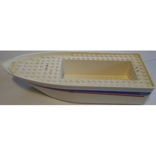 Деталь LEGO 2372c01pb03 Boat, Hull Unitary 25 x 10 x 4 1/3 Floating with White Deck with Red and Blue Stripes and '4011' Pattern on Both Sides (Stickers) - Set 4011