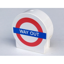 Duplo, Brick 1 x 2 x 2 Round Top with 'WAY OUT' on Blue Rectangle and Red Circle Pattern Duplo, Brick 1 x 2 x 2 Round Top with 'WAY OUT' on Blue Rectangle and Red Circle Pattern