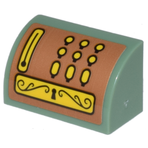 Деталь LEGO 37352pb024 Slope, Curved 1 x 2 with Bottom Stud Holder with Cash Register, Yellow Buttons and Keyhole Plate on Medium Nougat Background Pattern (Sticker) - Set 41732