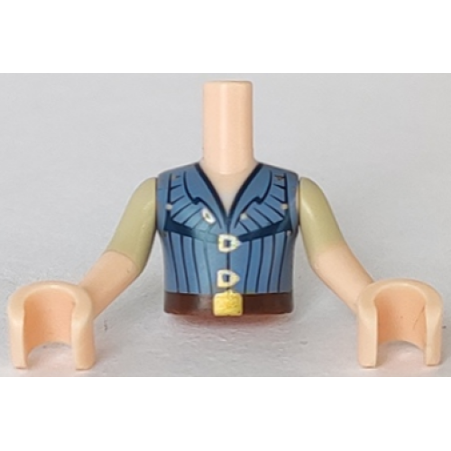 Деталь LEGO FTBpb035c01 Torso Mini Doll Boy Sand Blue Vest with Gold Fasteners and Belt Buckle Pattern, Light Nougat Arms with Hands with Tan Short Sleeves