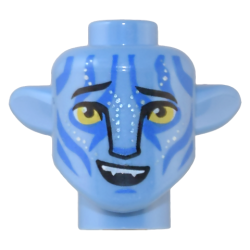 Minifigure, Head, Modified Alien Na'vi with Yellow Eyes, Silver Spots, Blue Markings, Raised Eyebrows, Lopsided Open Mouth Smile with Top Teeth Pattern Minifigure, Head, Modified Alien Na'vi with Yellow Eyes, Silver Spots, Blue Markings, Raised Eyebrows, Lopsided Open Mouth Smile with Top Teeth Pattern
