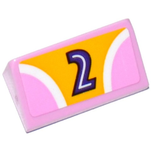 Деталь LEGO 85984pb153 Slope 30 1 x 2 x 2/3 with 2 Pink Quadrants, Curved White Stripes and Dark Purple Number 2 on Bright Light Orange Background Pattern (Sticker) - Set 41133