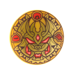 Minifigure, Shield Circular / Round Convex Face with Gold and Dark Brown Dragon Face, Red and Coral Eyes, Mouth, and Symbols Pattern Minifigure, Shield Circular / Round Convex Face with Gold and Dark Brown Dragon Face, Red and Coral Eyes, Mouth, and Symbols Pattern