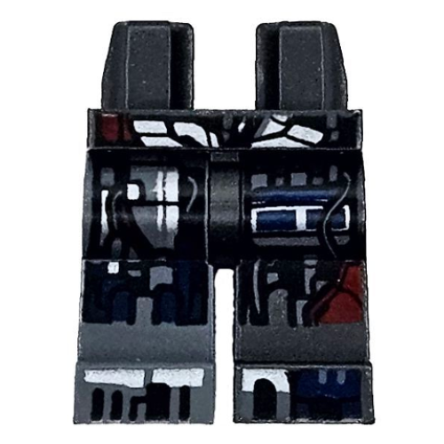 Деталь LEGO 970d55pb01 Hips and 1 Pearl Dark Gray Left Leg, 1 Dark Bluish Gray Right Leg with Dark Red, Dark Blue and Silver Armor Pattern