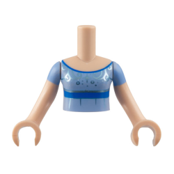 Torso Mini Doll Girl Bright Light Blue Dress, Blue Trim, Metallic Light Blue Filigree Pattern, Light Nougat Arms with Hands with Bright Light Blue Short Sleeves