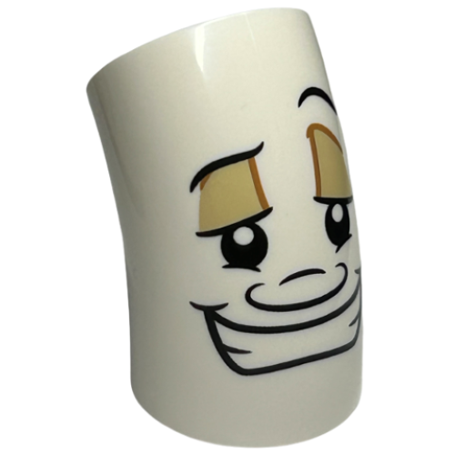 Деталь LEGO 65473pb01 Brick, Round 2 x 2 D. 45 degrees Elbow with Black Thin Eyebrows, Left Raised, Upper and Lower Eyelids, Tan Eye Shadow, Nose, Wide Open Mouth Smile with Teeth Pattern (Lumière {Lumiere} Face)