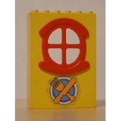 Fabuland Building Wall 2 x 6 x 7 with Round Symmetric Red Window with Knife, Fork and Plate Pattern (Sticker) - Set 3672