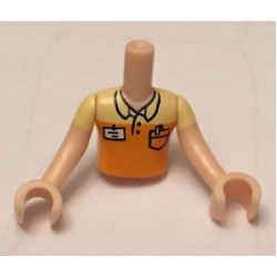 Torso Mini Doll Boy Orange Polo Shirt, Yellow Shoulders, Name Tag, Pocket Pattern, Light Nougat Arms with Hands with Yellow Short Sleeves