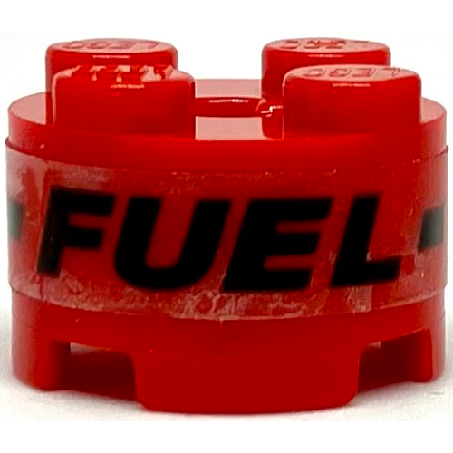 Деталь LEGO 3941pb46 Brick, Round 2 x 2 with Axle Hole with Black 'FUEL' and Dotted Line Pattern (Sticker) - Set 75891