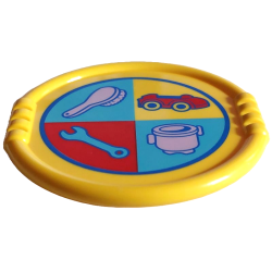 Duplo Utensil Disk with Blue Circle, Lavender Brush and Kettle, Red Car and Medium Azure Wrench in Quarter Circles Pattern