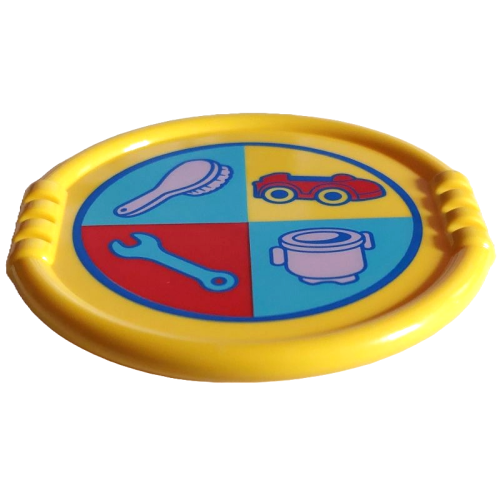 Деталь LEGO 27372pb18 Duplo Utensil Disk with Blue Circle, Lavender Brush and Kettle, Red Car and Medium Azure Wrench in Quarter Circles Pattern