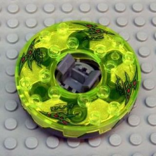 Деталь LEGO 98318c10pb01 Turntable 6 x 6 x 1 1/3 Round Base Serrated with Trans-Neon Green Top and Green with Red Spots Pattern (Ninjago Spinner)